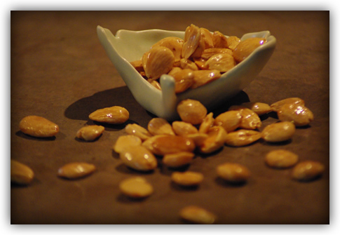 almonds overflowing the ginkgo leaf dish